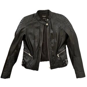 Stradivarius Genuine Black Leather Buckle Detail Zippered Moto Jacket Size Small